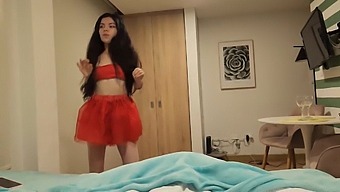 Stunning Brunette In Red Skirt And Without Panties Desires To Be Gifted With Sex