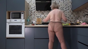 Curvy Wife In Nylon Pantyhose Offers Breakfast Options Including Herself And Food